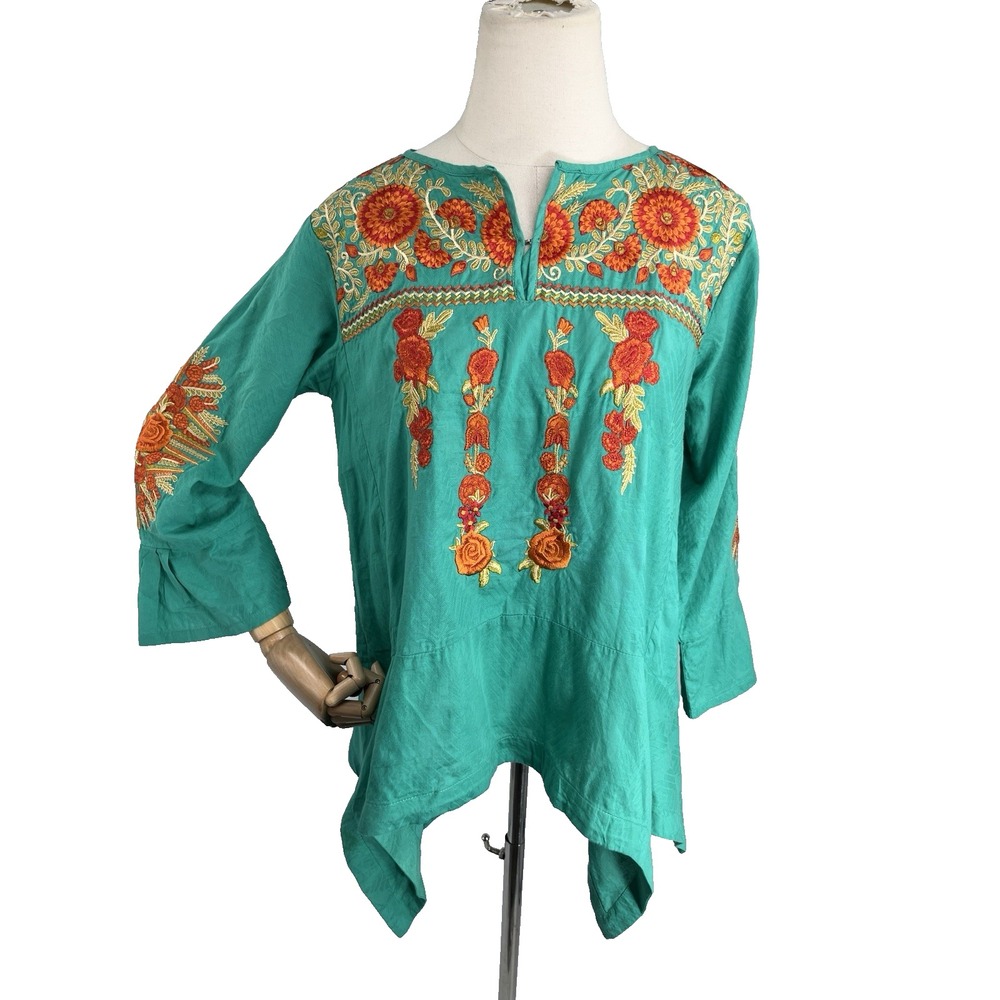 Khaadi Floral Embroidered Top Green Orange Bell Sleeves Medium 6-8 US